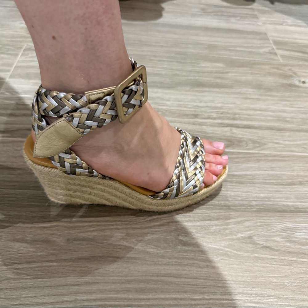 Hermes Cream and White Wedge Sandals with Ankle Strap